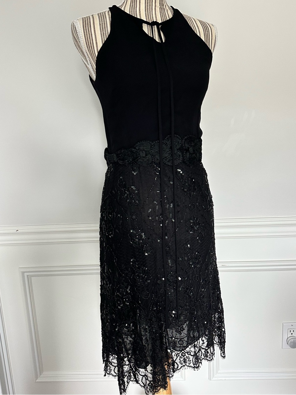 Vintage Badgley Mischka Black Lace & Sequin Halter Dress | Size 8